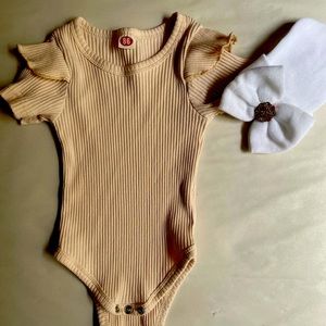 Baby Girl Ruffle Trim Bodysuit and Beanie is handmade for Newborn. Sold as set